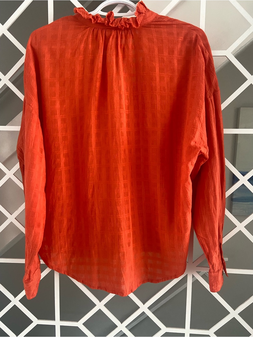 Anthro Pilcro Tavi Oversized Textured Cotton Blouse Small Coral Red Top EUC - Picture 3 of 10